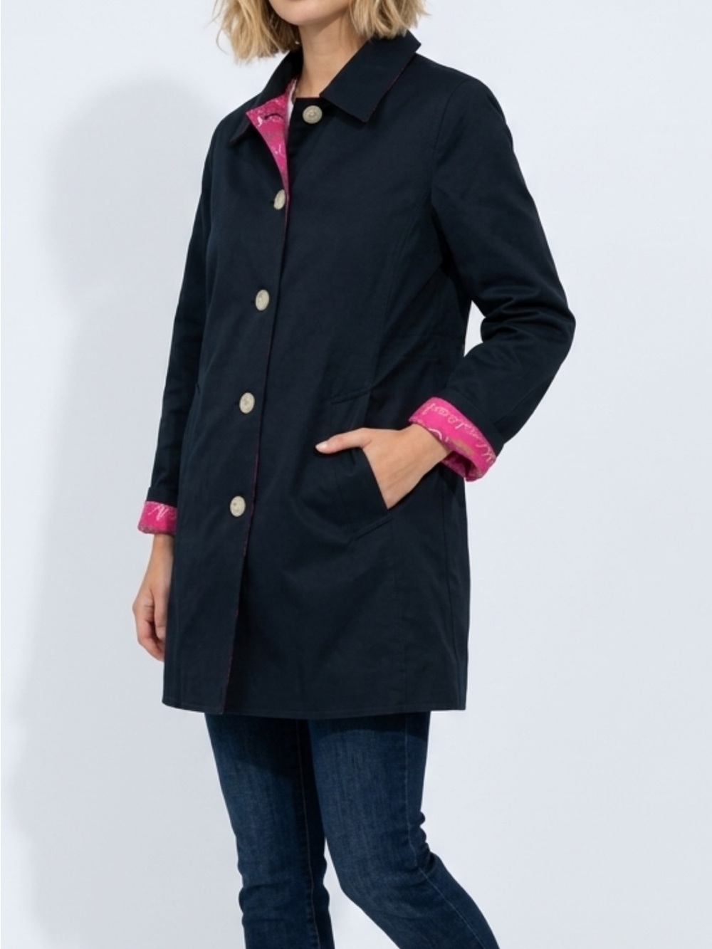 Coach Navy Trench Coat with Pink Lining